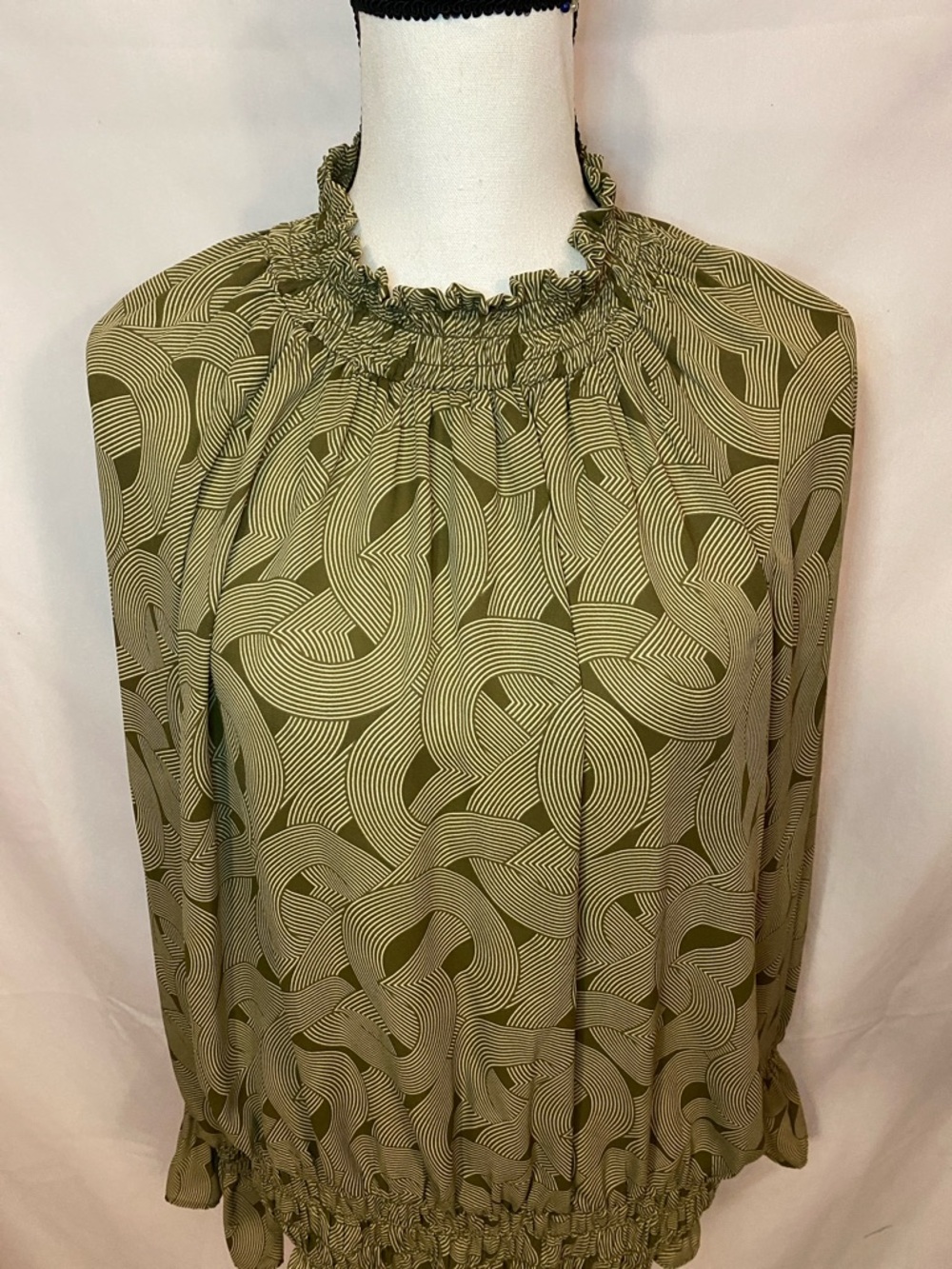 Worthington Olive Green Abstract-Print Long-Sleeve Smocked Blouse - Picture 2 of 12